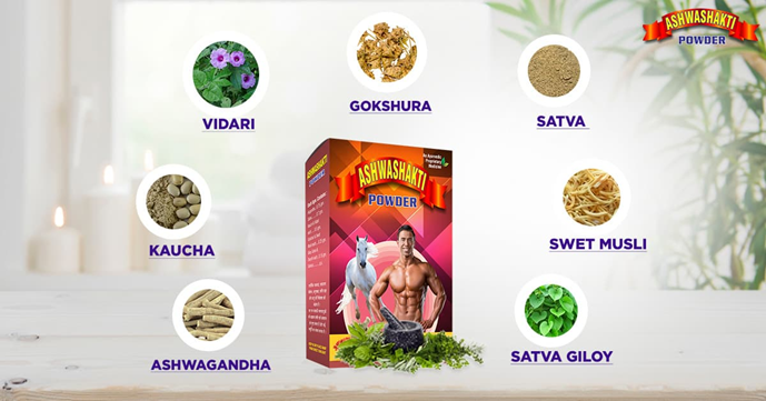 Ashwashakti Weight Gain Powder is an Ayurvedic supplement For men without side effects which helps males to gain weight. Ayurvedic ingredients for Ashwashakti Powder 1-Ashwagandha 2-Kaucha 3-Vidari 4-Gokshura 5-Sweet Musli 6-Satva 7-Giloy satva 8-Shatavari 9-Elaichi 10-Sarkara 